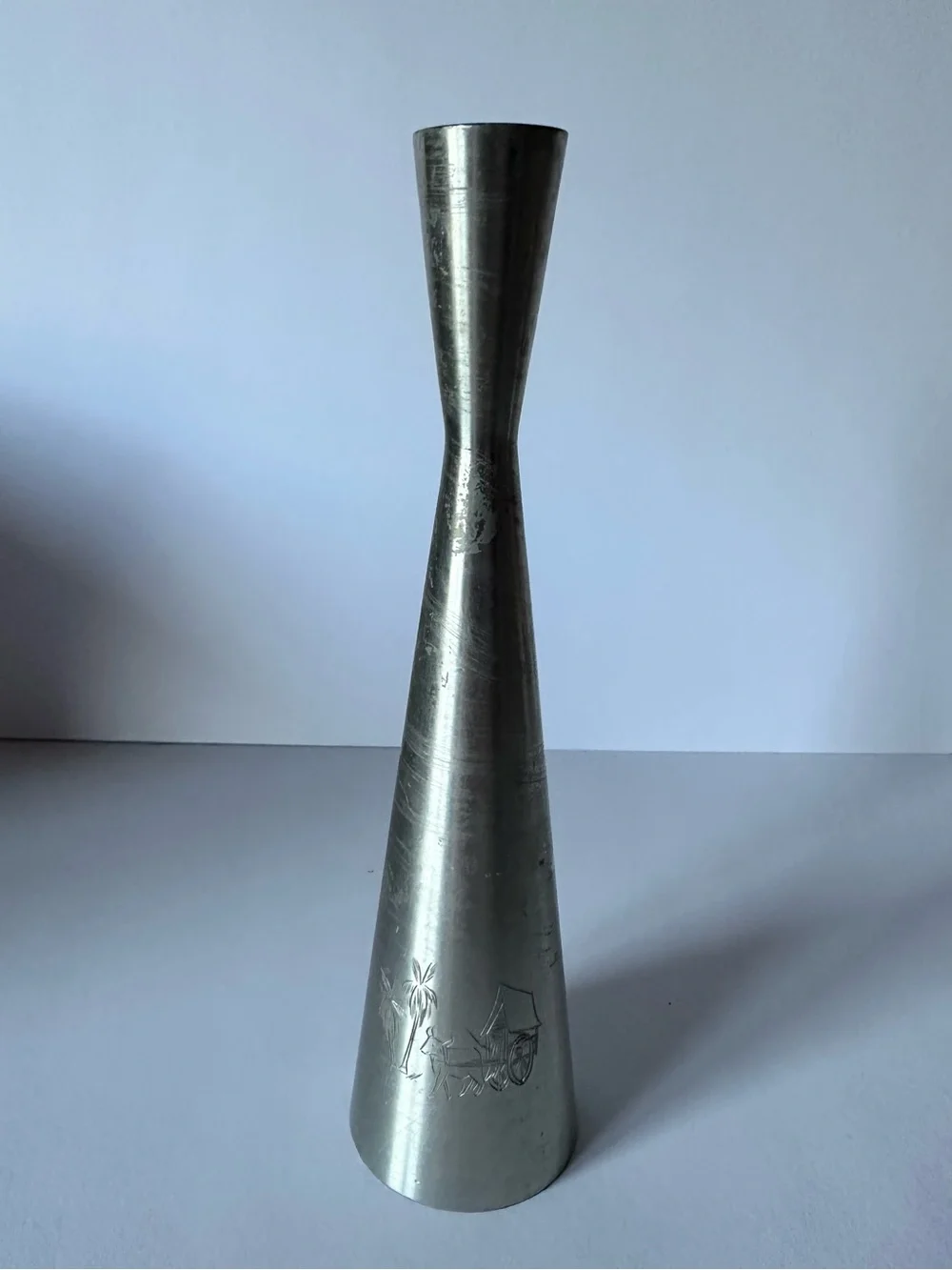 Selangor Pewter Malaya Brushed Bud Vase with Etched Palm Trees & Donkey Cart